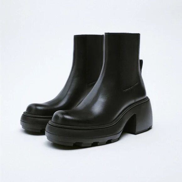 Zara Lug Sole Heeled Leather Ankle Boots Size 40 - Picture 1 of 16